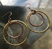 Load image into Gallery viewer, Eclipse Hammered Copper + Brass Earrings